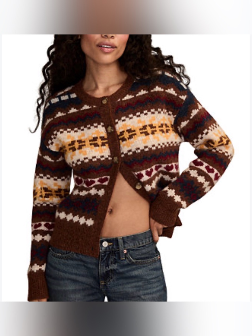 Lucky Brand Brown Fair Isle Button-Front Sweater